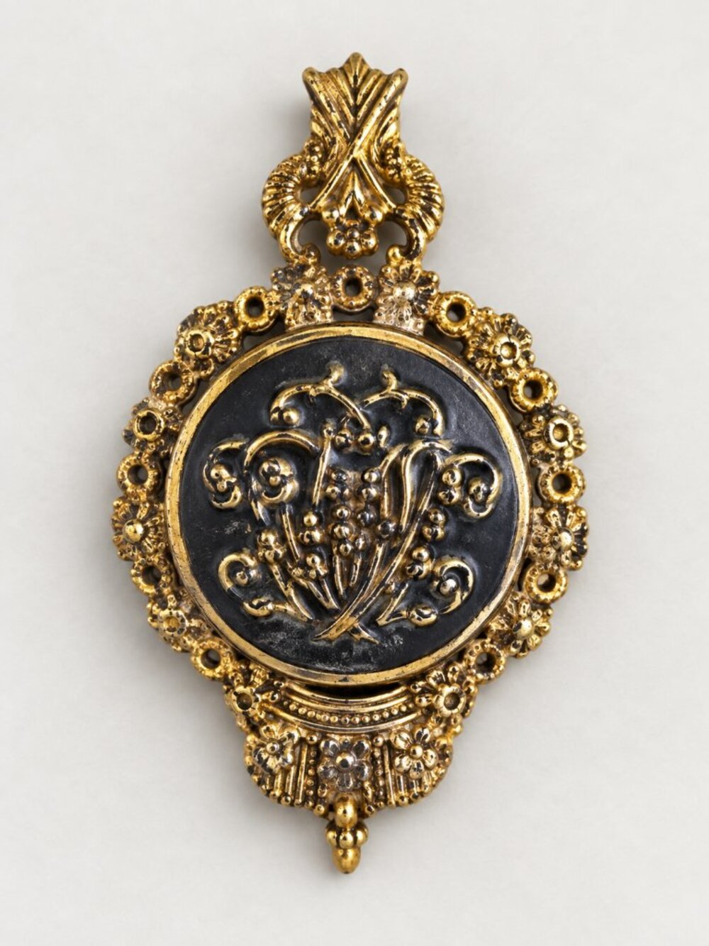 Ornate Gold Tone Black Medallion Statement Pendant